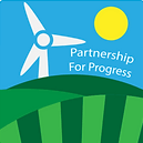 Morris Model logo of digital green hills, a blue sky, yellow sun, and wind turbine with the text "partnership for progress"